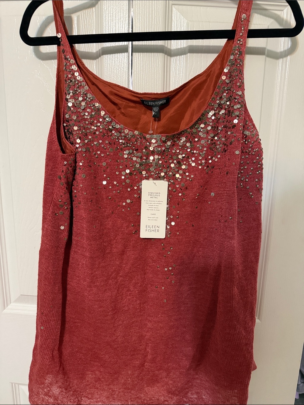 EILEEN FISHER Red Sequin-Embellished Linen-Blend Camisole